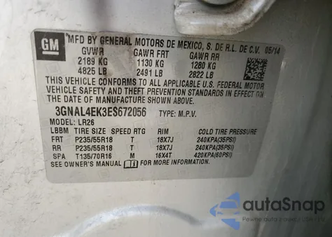 2014 Chevrolet Captiva Ltz z USA, uszkodzony, nr VIN 3GNAL4EK3ES672056